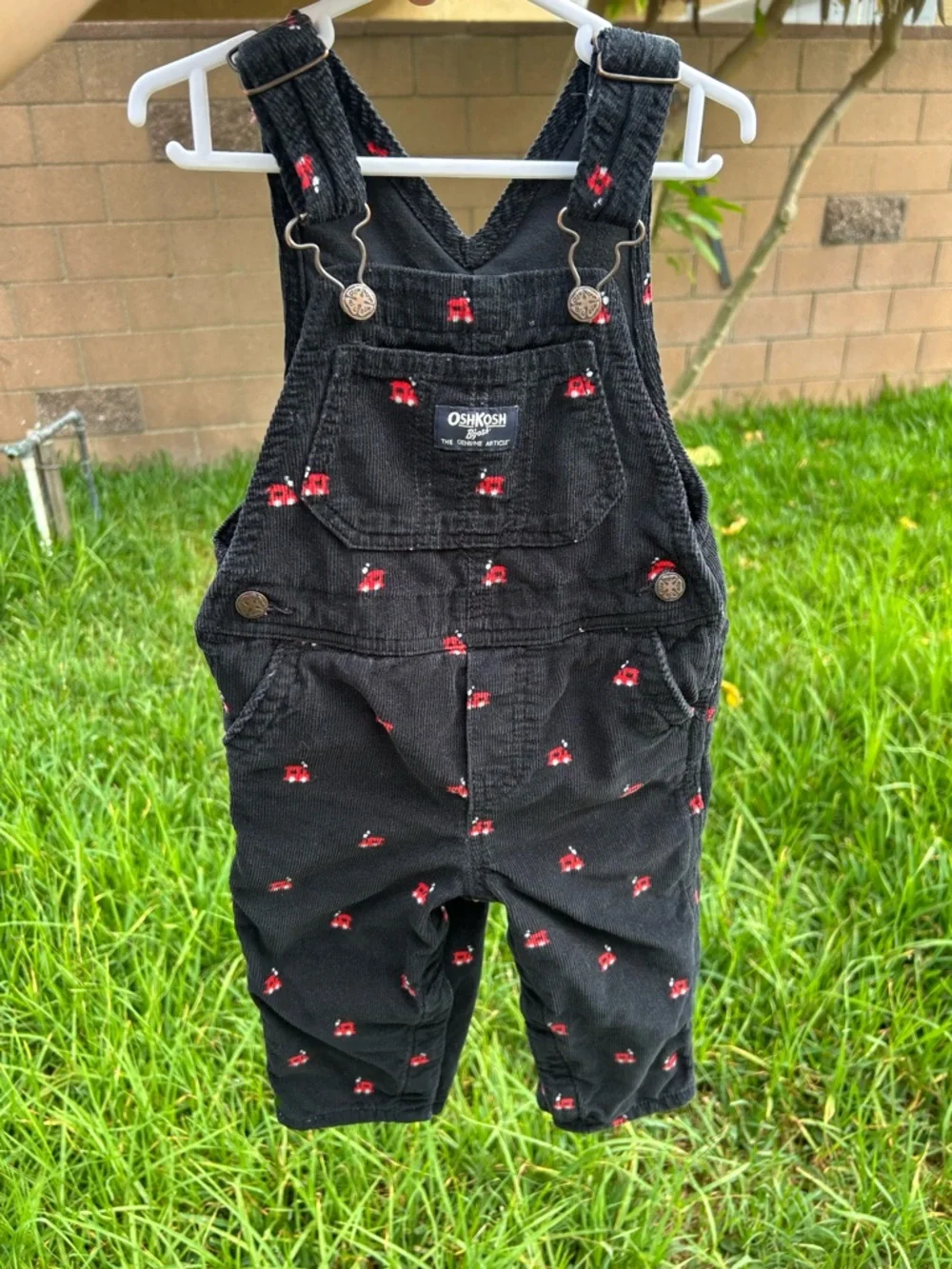 OshKosh B'gosh Black Corduroy Overalls with Red train print